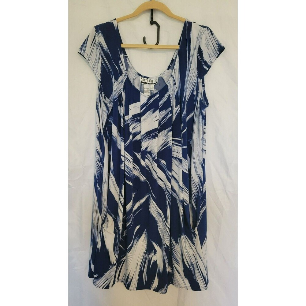 Sheri Martin NY Flowy Dress Womens Size 16 Blue White Pleated Midi With Pockets